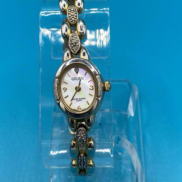 Gruen Ladies 17mm Watch Gold Tone 2 Diamond on Band MOP Dial 6" gr1477 - Picture 1 of 9